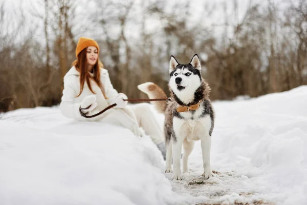 Young woman outdoors in a field in winter walking with a dog Lifestyle — Stock Photo, Image