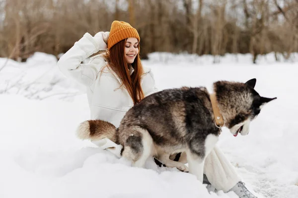 Junge Frau im Schnee spielt mit Hund Spaß Freundschaft Winterurlaub — Stockfoto