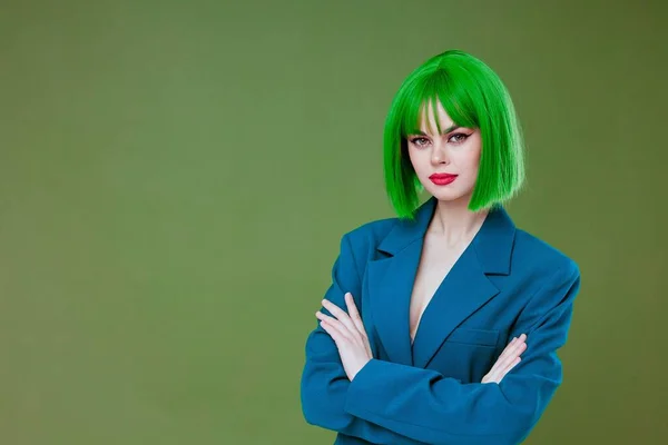 Beautiful fashionable girl attractive look green wig blue jacket posing color background unaltered — Stock Photo, Image