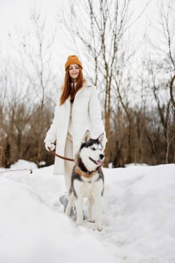 Kışın açık bir arazide bir kadının portresi. Temiz hava almış bir köpekle yürüyor.