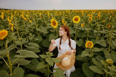 Beyaz elbiseli iki örgülü kadın ayçiçeği tarlasında yürüyor. Yüksek kalite fotoğraf