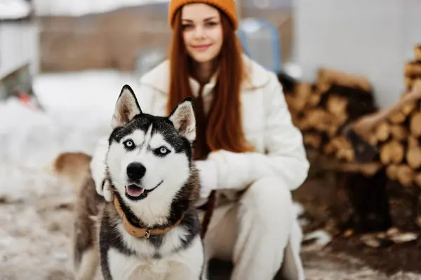 young woman with husky winter walk outdoors friendship fresh air