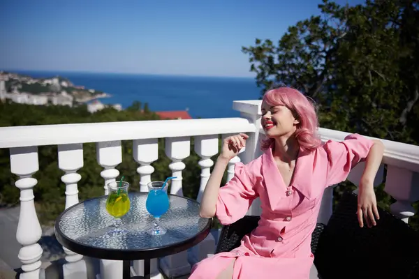 fashionable woman restaurant terrace landscape rest Happy female relaxing
