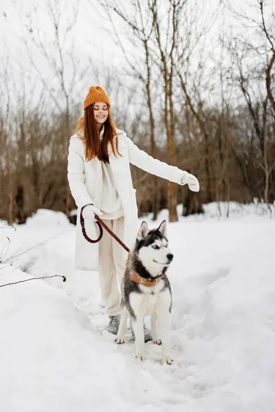 Jovem Feliz Livre Campo Inverno Andando Com Cão Estilo Vida — Fotografia de Stock