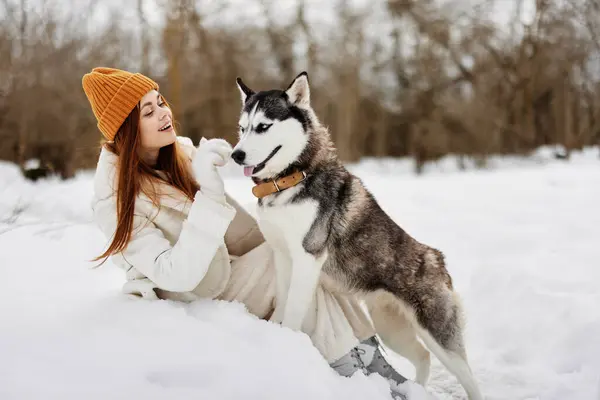 Веселая Женщина Открытом Воздухе Поле Зимой Гуляет Собакой Свежим Воздухом — стоковое фото