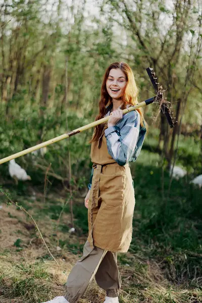 Kıyafetleri Önlük Giymiş Bir Kadın Çiftçi Doğada Çalışıyor Çimen Toplamak — Stok fotoğraf