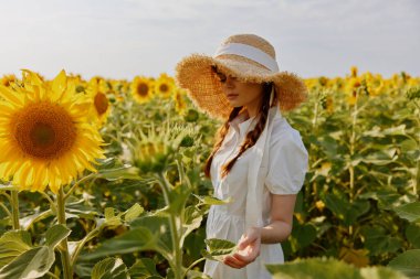 Çiçek açan ayçiçeği manzaralı bir tarlada kadın portresi. Yüksek kalite fotoğraf