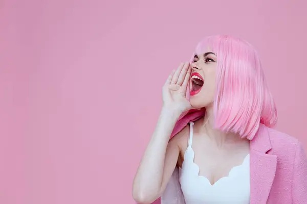 Positive Young Woman Gestures His Hands Pink Jacket Studio Model — Stock Photo, Image