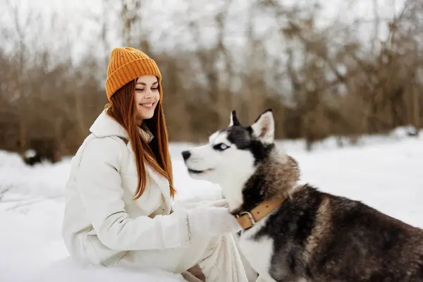 一个女人在雪地里和狗玩耍的肖像友谊新鲜的空气 高质量的照片 — 图库照片