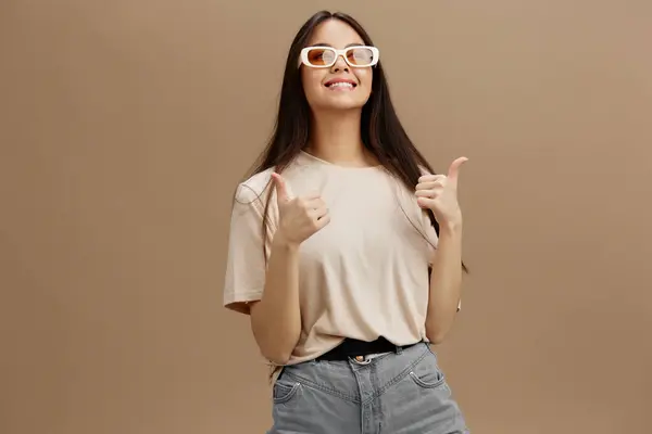 Woman Attractive Look Charmin Dark Glasses Shirt Isolated Background High — Stock Photo, Image