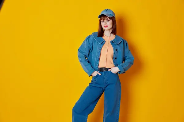 Portrait Charming Lady Stylish Denim Clothing Posing Yellow Background Unaltered — Stock Photo, Image