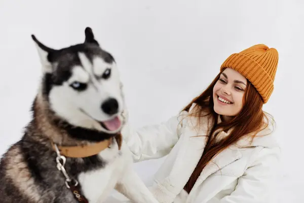 Happy Young Woman Outdoors Field Winter Walking Dog Winter Holidays — Stock Photo, Image