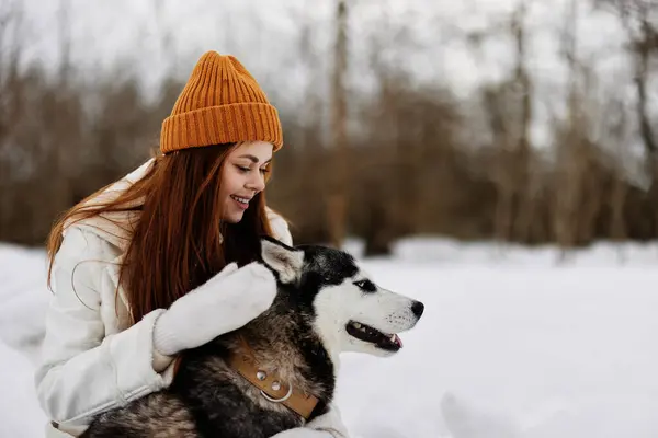 年轻女子冬衣在雪地里遛狗 高质量的照片 — 图库照片