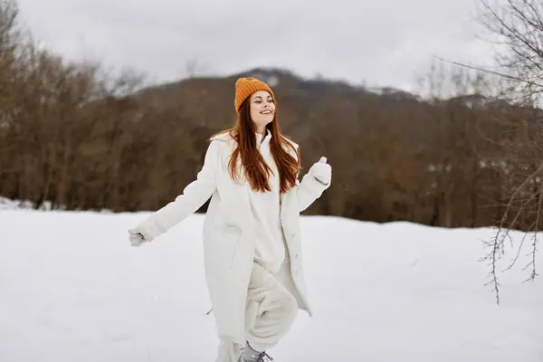 Young Woman Walk Snow Fun Nature Landscape Winter Holidays High — Stock Photo, Image