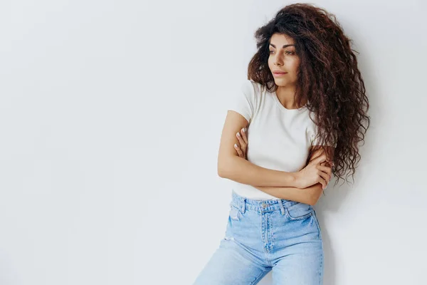 Young Overthinking Worried Thoughtful Pensive Troubled Brunette Attractive Latin Woman — Stock Photo, Image