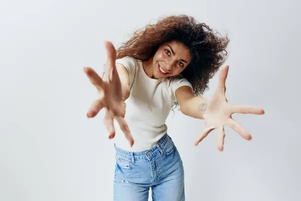 Come Excited Latin Lady Extending Hands Camera Holding Big Invisible — Stock Photo, Image