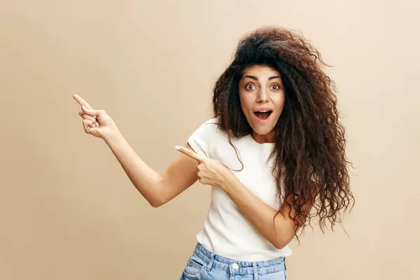 Seasonal Sale Offer Excited Beautiful Latin Female White Shirt Afro — Stock Photo, Image