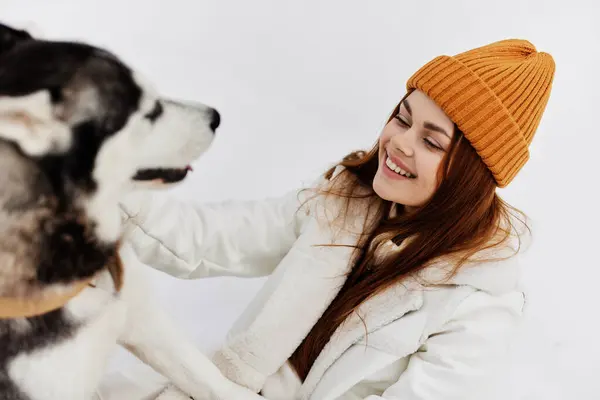 Cheerful Woman Snow Playing Dog Fun Friendship Fresh Air High — Stock Photo, Image