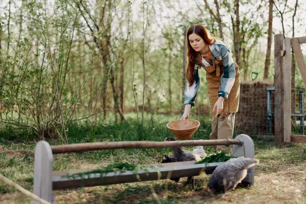 Une Agricultrice Sourit Verse Nourriture Pour Les Oiseaux Mangeoire Oiseaux — Photo