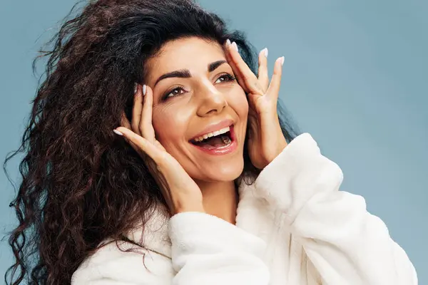 Laughing Happy Curly Latin Female Bathrobe Fresh Glowing Hydrated Facial — Stock Photo, Image