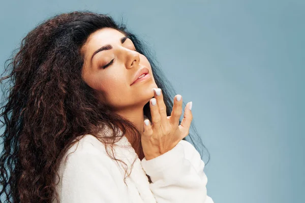 Joyful Pretty Curly Latin Lady Bathrobe Applying Drop Cream Flawless — Stock Photo, Image