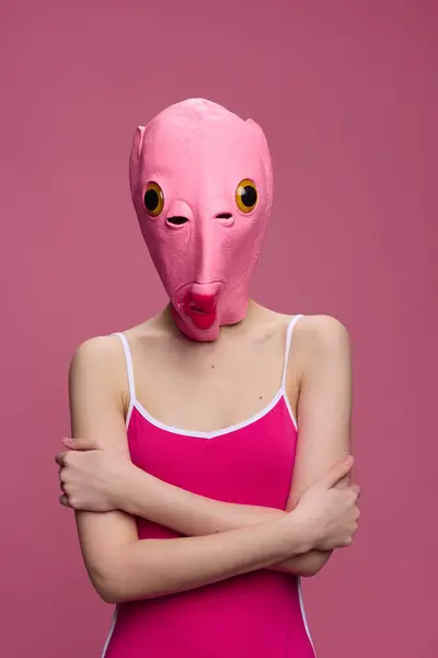Conceptual Art Photo Sexy Woman Fish Mask Halloween Pink Background — Stock Photo, Image