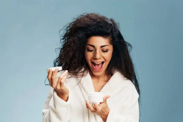 Organic Cosmetic Concept Excited Shocked Happy Curly Latin Lady Bathrobe — Stock Photo, Image