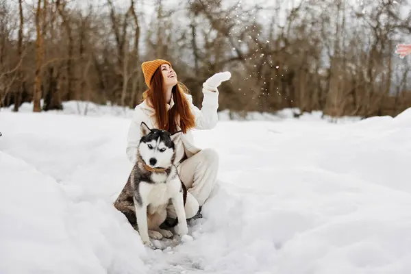 young woman with husky winter walk outdoors friendship winter holidays. High quality photo