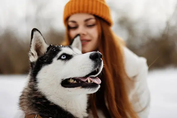 young woman with husky on the snow walk play rest fresh air. High quality photo