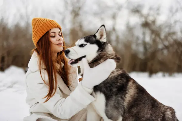 在雪地里和狗玩耍的女人友谊新鲜的空气 高质量的照片 — 图库照片