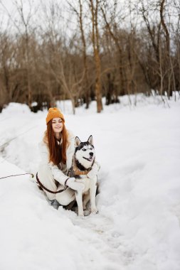 Karda bir kadın köpeğiyle oynuyordu. Eğlenceli bir arkadaşlık. Yaşam tarzı. Yüksek kalite fotoğraf