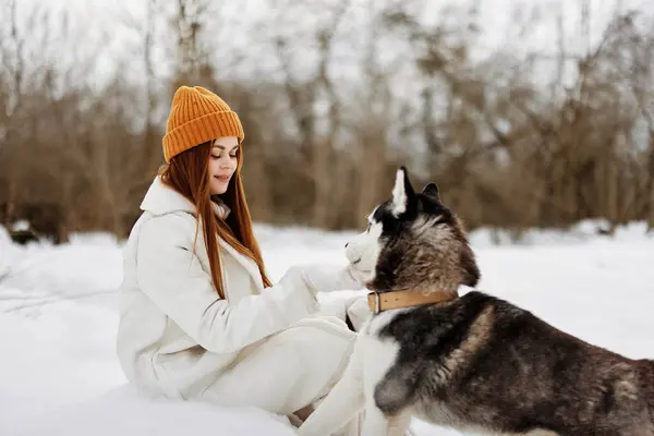 Happy Young Woman Outdoors Field Winter Walking Dog Winter Holidays — Stock Photo, Image