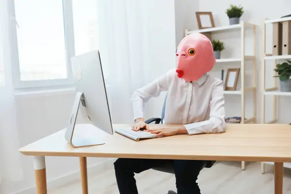 以穿着粉红鱼面罩的滑稽疯狂女自由职业者为研究对象 在电脑上对现代办公环境中的问题进行在线思考或决策思考 复制空间 — 图库照片