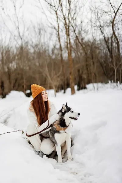 Cheerful Woman Winter Outdoors Dog Fun Nature Winter Holidays High — Stock Photo, Image