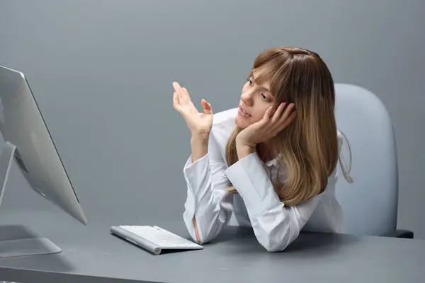 Gelangweilte Hübsche Blonde Geschäftsfrau Freiberuflerin Mit Desktop Computer Sitzt Arbeitsplatz — Stockfoto