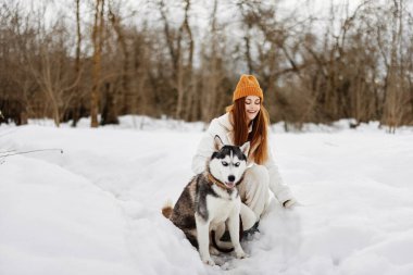Saf köpekli bir kadın açık hava oyunlarıyla kar eğlencesi temiz hava ile seyahat ediyor. Yüksek kalite fotoğraf