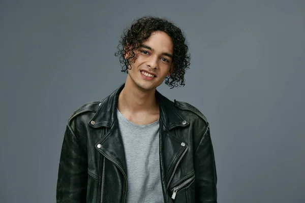 Cute Attractive Stylish Tanned Curly Man Leather Jacket Posing Isolated — Stock Photo, Image