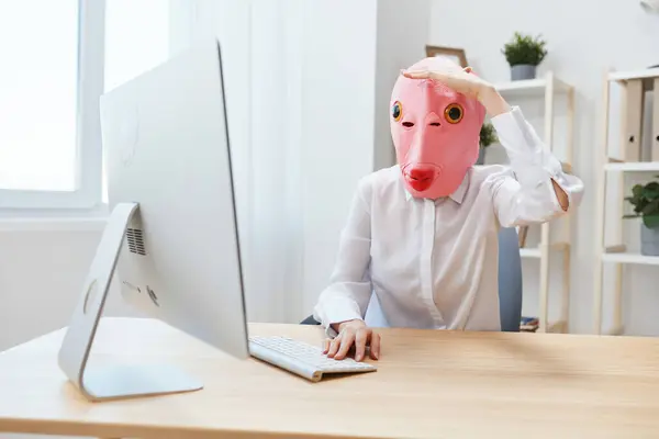 おかしなクレイジーなビジネスマンの労働者フリーランサー ピンクの魚のマスクの仕事は コンピュータ上のオンライン熟考や意思決定は 目の手を握り 軽い現代オフィスで距離を調べます コピースペース — ストック写真