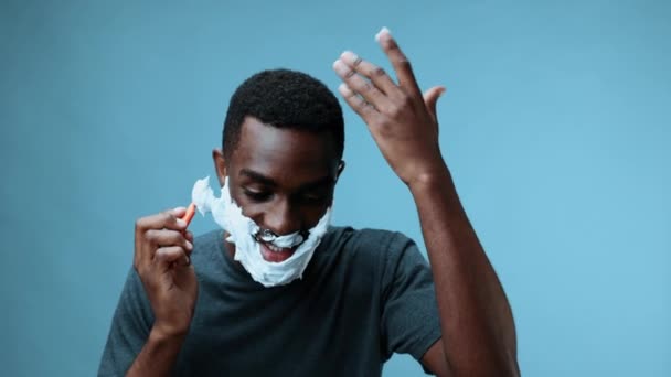 African American Man Shaves His Beard Razor Shaving Foam Applied — Stock Video