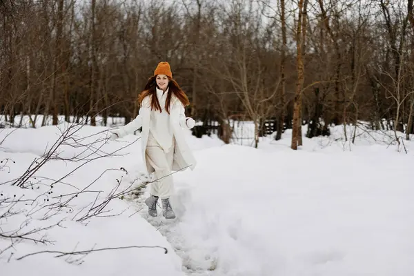 Potret Seorang Wanita Dalam Pakaian Musim Dingin Topi Pemandangan Musim — Stok Foto