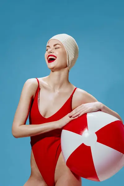 Laughing Cute Model Swimming Cap Ball Closing Her Eyes Poses — Stock Photo, Image