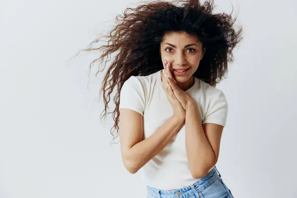 Cool Offer Cheerful Excited Pretty Latin Female Waving Afro Hair — Stock Photo, Image