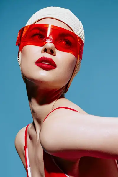 レッド クイーン 青い背景の水着メガネで泳ぐキャップの女性 高品質の写真 — ストック写真