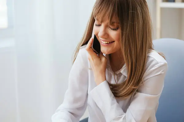 Closeup Portrait Cheerful Adorable Blonde Businesswoman Worker Freelancer Talking Client — Stock Photo, Image
