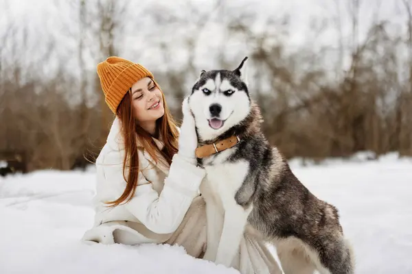 Happy Young Woman Outdoors Field Winter Walking Dog Fresh Air — Stock Photo, Image