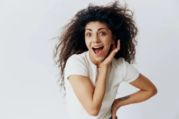 Huge Sale Offer Enjoyed Excited Pensive Latin Female Waving Afro — Stock Photo, Image