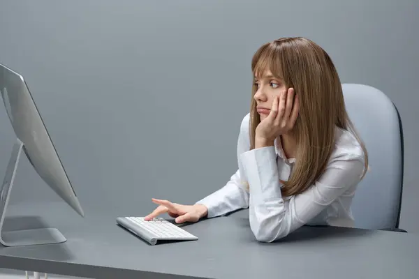 Gelangweilte Hübsche Blonde Geschäftsfrau Freiberuflerin Mit Desktop Computer Sitzt Arbeitsplatz — Stockfoto