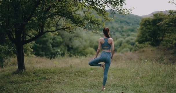 Sporty Woman Doing Yoga Asana Nature Park Tracksuit Meditation Way — Stock Video