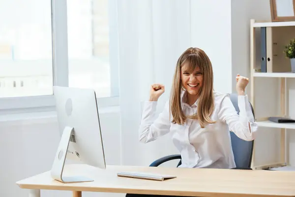 Overjoyed Adorable Blonde Businesswoman Worker Freelancer Raise Fists Light Modern — Stock Photo, Image