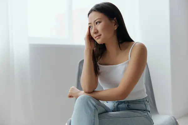 Panic Attack Upset Tormented Tanned Beautiful Young Asian Woman Touching — Stock Photo, Image